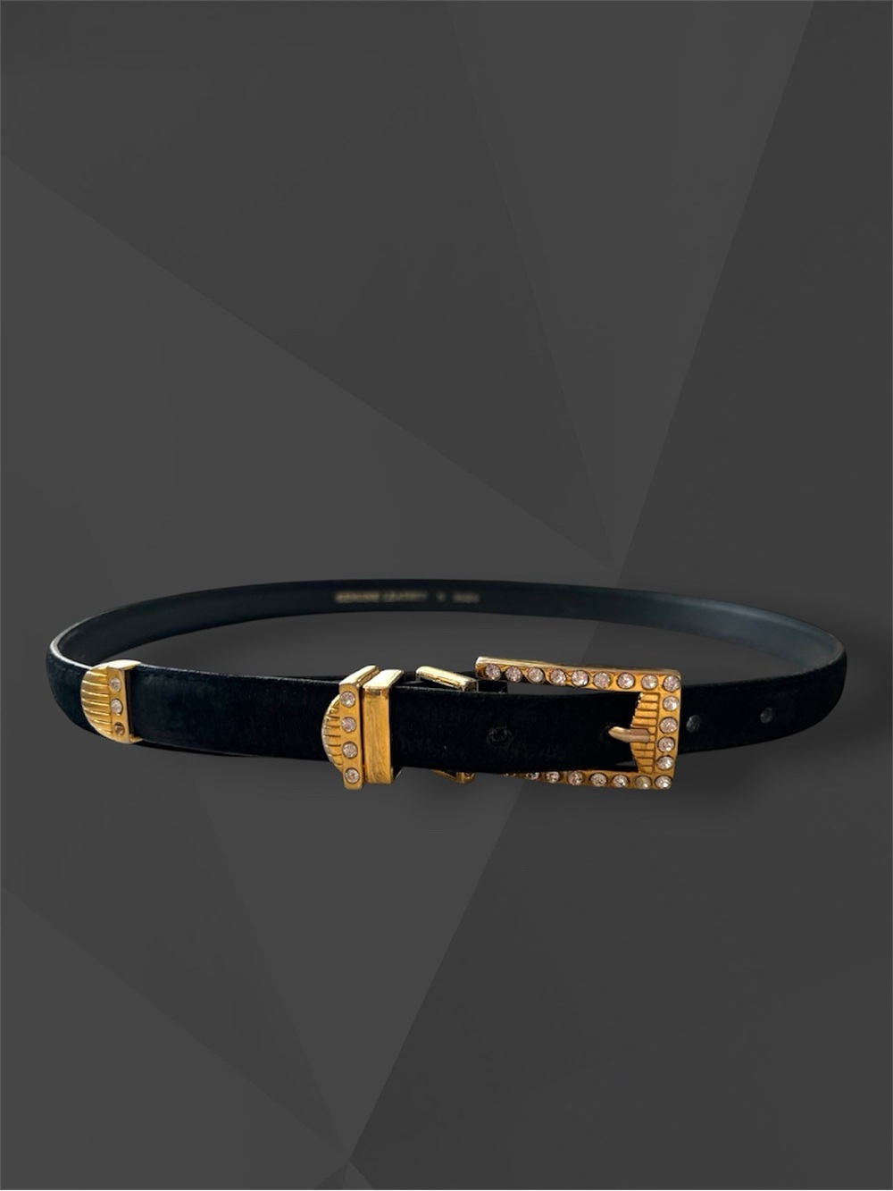 VTG Caché Black Suede Leather Gold Crystal Buckle Belt Size S